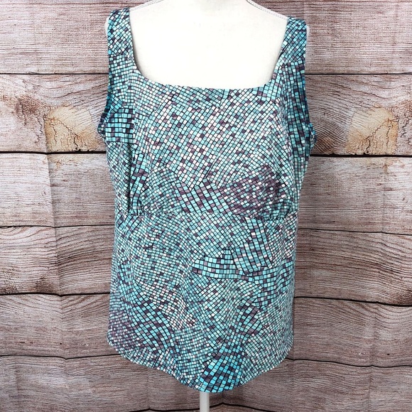 Lands' End Blue Mosaic Square-Neck Underwire Tankini Swimsuit Top Size 24W - Picture 1 of 12